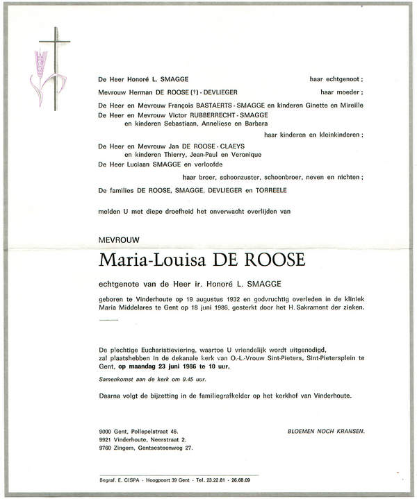 Overlijdensbrief Maria-Louise De Roose